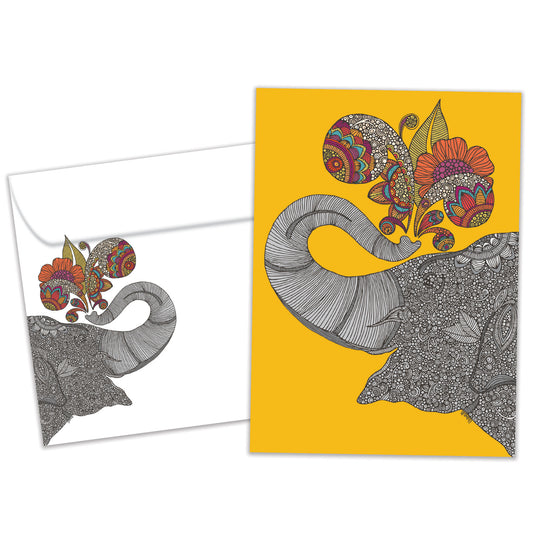 Front view of a Birthday greeting card and matching envelope featuring a happy elephant illustration on an amber background.