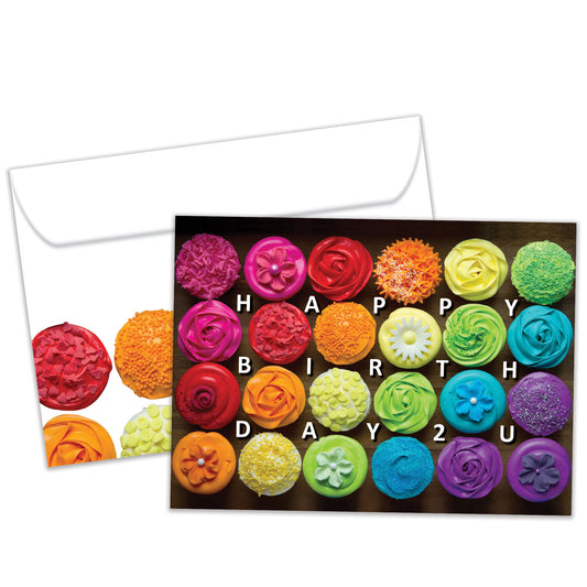 Front view of a Birthday greeting card and matching envelope featuring the message "Happy Birthday 2 U" surrounded by colourful cupcakes on a black background.