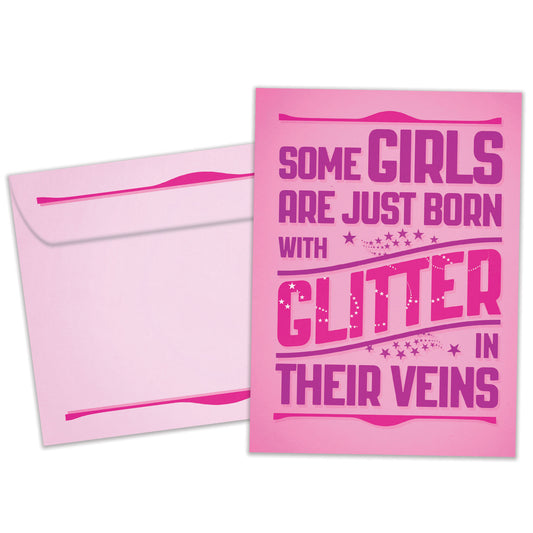 Front view of a Birthday greeting card and matching envelope featuring a cheerful message about girls born with glitter on a pink background.