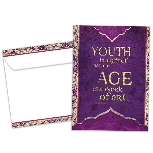 Front view of a Birthday greeting card and matching envelope featuring a message about age and art on a purple artistic background.