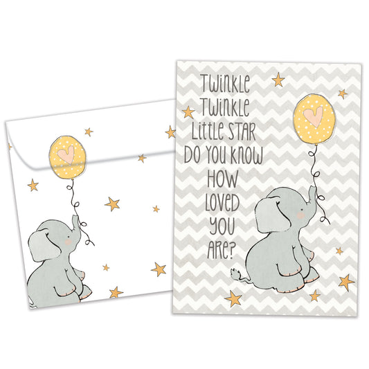 Front view of a Birthday greeting card and matching envelope featuring a baby elephant holding a balloon and a heartfelt message.