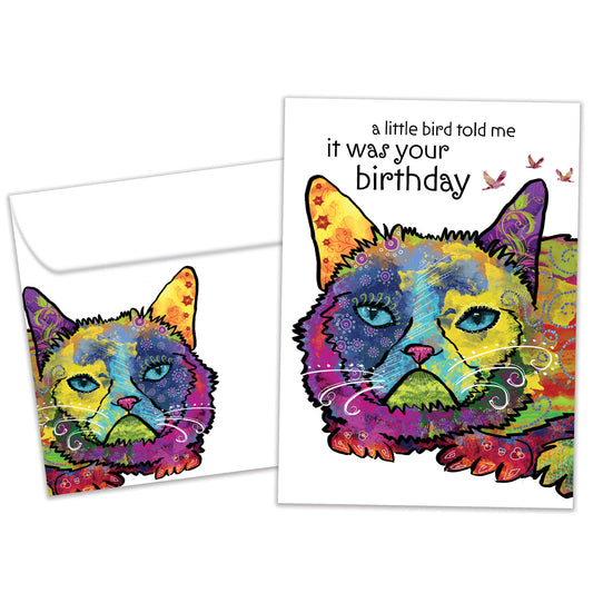 Front view of a Birthday greeting card and matching envelope featuring a colourful cat illustration and a birthday message.
