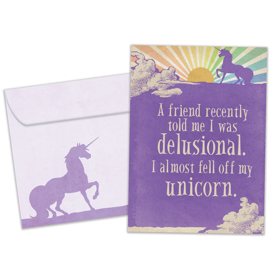 Front view of a Birthday greeting card and matching envelope featuring a whimsical unicorn illustration with a funny message.