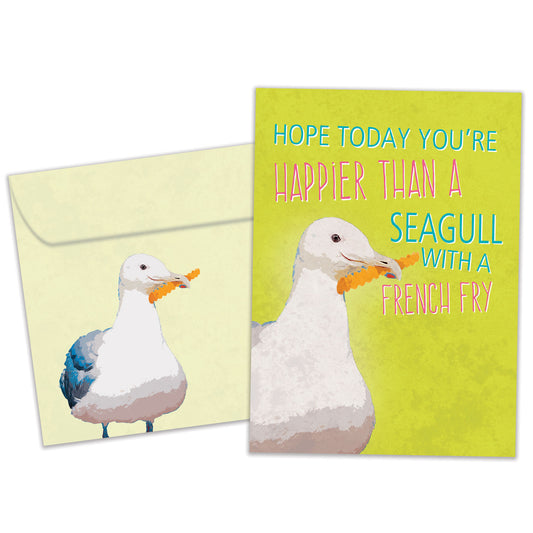Front view of a Birthday greeting card and matching envelope featuring a playful illustration of a seagull holding a french fry.
