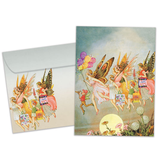 Front view of a Birthday greeting card and matching envelope featuring an enchanting illustration of fairies flying.