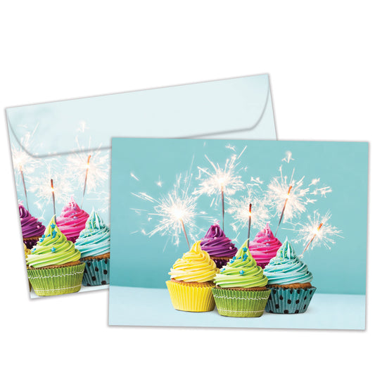 Front view of a Birthday greeting card and matching envelope featuring an image of cupcakes with lit sparkles.