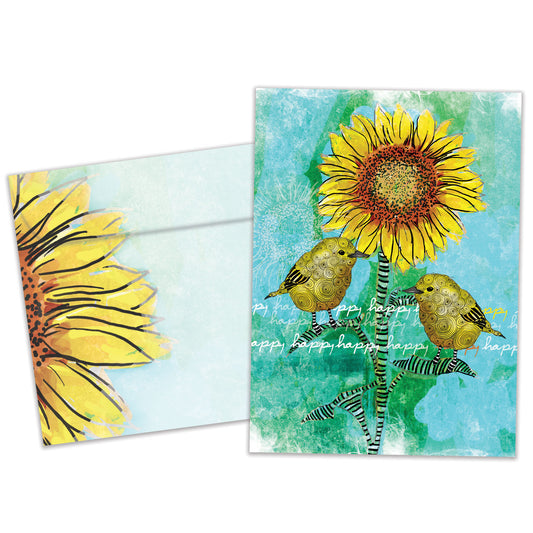 Front view of a Birthday greeting card and matching envelope featuring two birds perched on a sunflower.