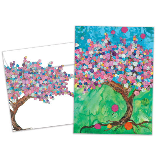 Front view of a Birthday greeting card and matching envelope featuring a tree made of colourful balloons.