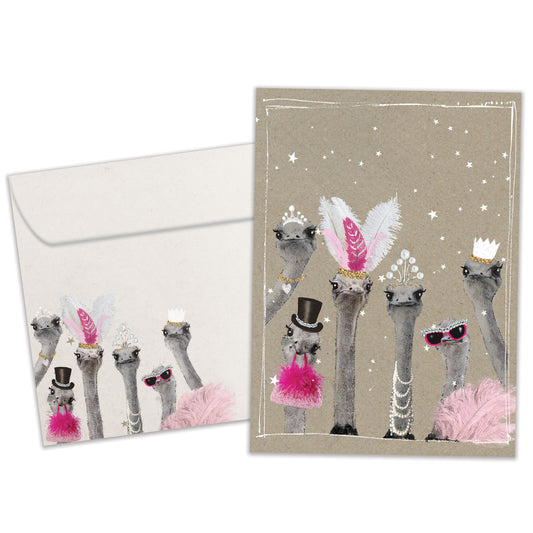 Front view of a Birthday greeting card and matching envelope featuring dressed-up ostriches.