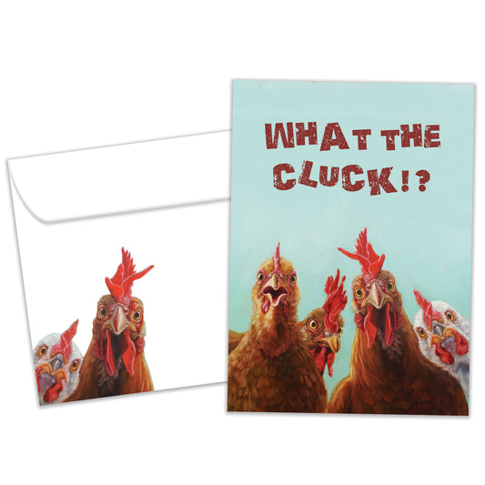Front view of a Birthday greeting card featuring roosters with the message "What the cluck!?", with matching envelope artwork.