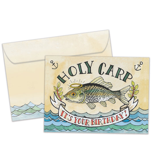Front view of a Birthday greeting card featuring a fish with the message "Holy carp. It's your birthday", with matching envelope artwork.
