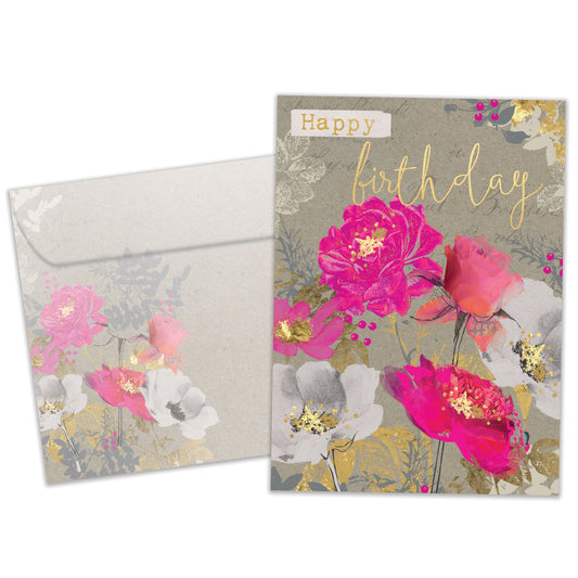 Front view of a Birthday greeting card featuring a beautiful floral design with the message "Happy Birthday," with a matching envelope.
