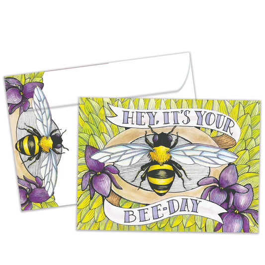 Front view of a Birthday greeting card featuring the message "Hey, it's your bee-day" with an illustration of a bee and flowers, with a matching envelope.