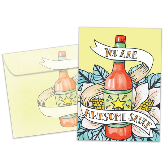 Front view of a Birthday greeting card featuring a bottle of sauce with the message "You are awesome sauce," with a matching envelope.