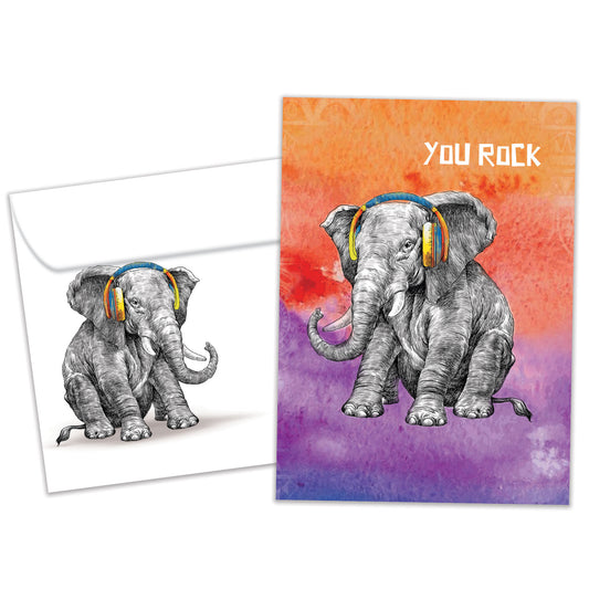 Front view of a Birthday greeting card featuring an elephant with headphones and the message "You rock," with a matching envelope.