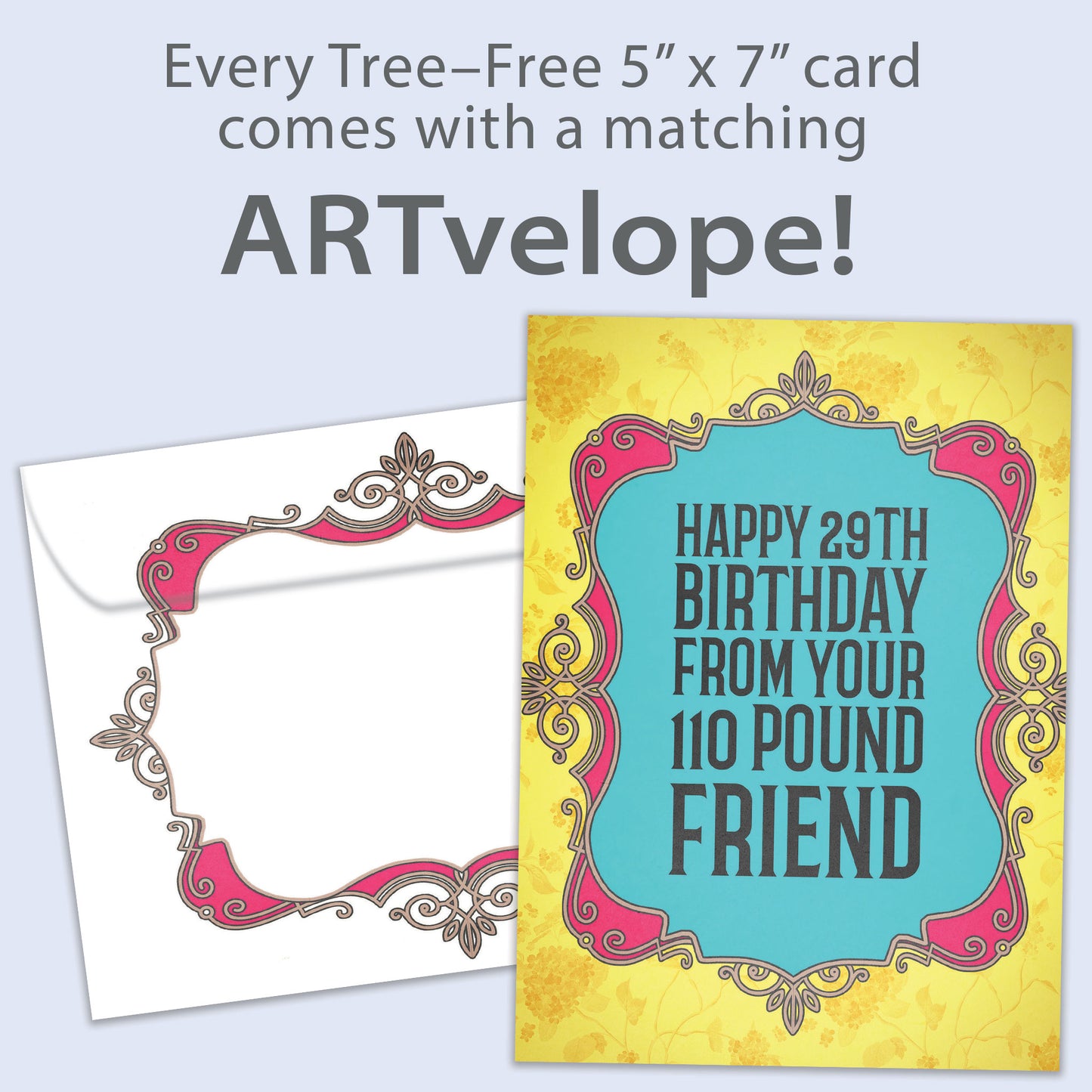 Front view of a Birthday greeting card featuring a colorful design with a message about being a 29-year-old and 110 pounds friend, with matching envelope artwork.