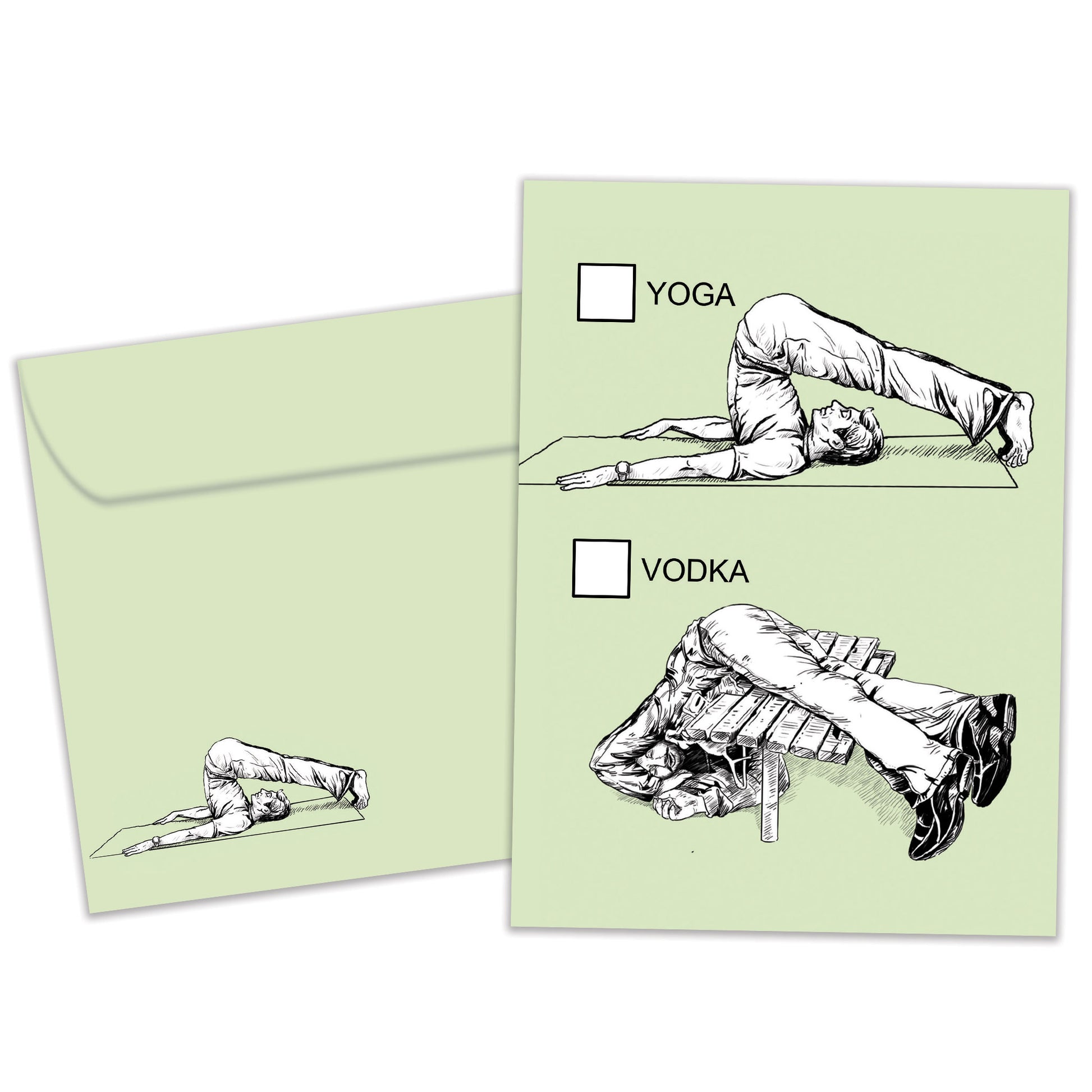 Front view of a Birthday greeting card featuring a sketch of doing yoga with vodka, with a matching envelope.
