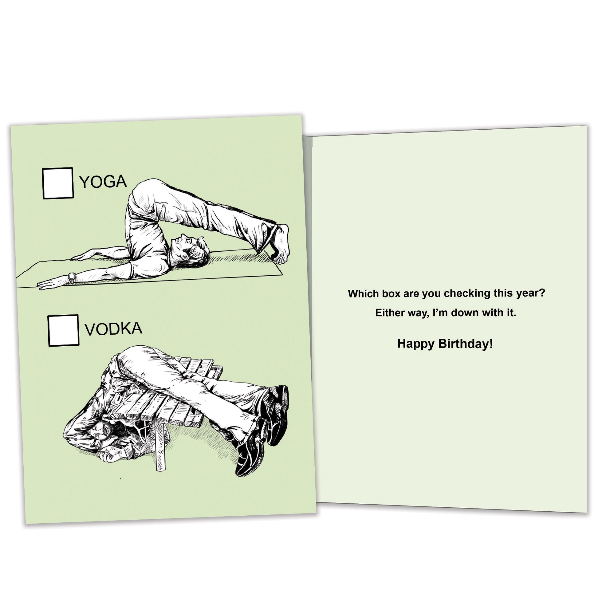 Front and inside view of a Birthday greeting card featuring a sketch of doing yoga with vodka, with matching design details inside.