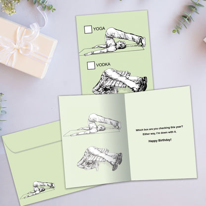 Front and inside view of a Birthday greeting card showcasing a sketch of doing yoga with vodka, with a matching envelope.