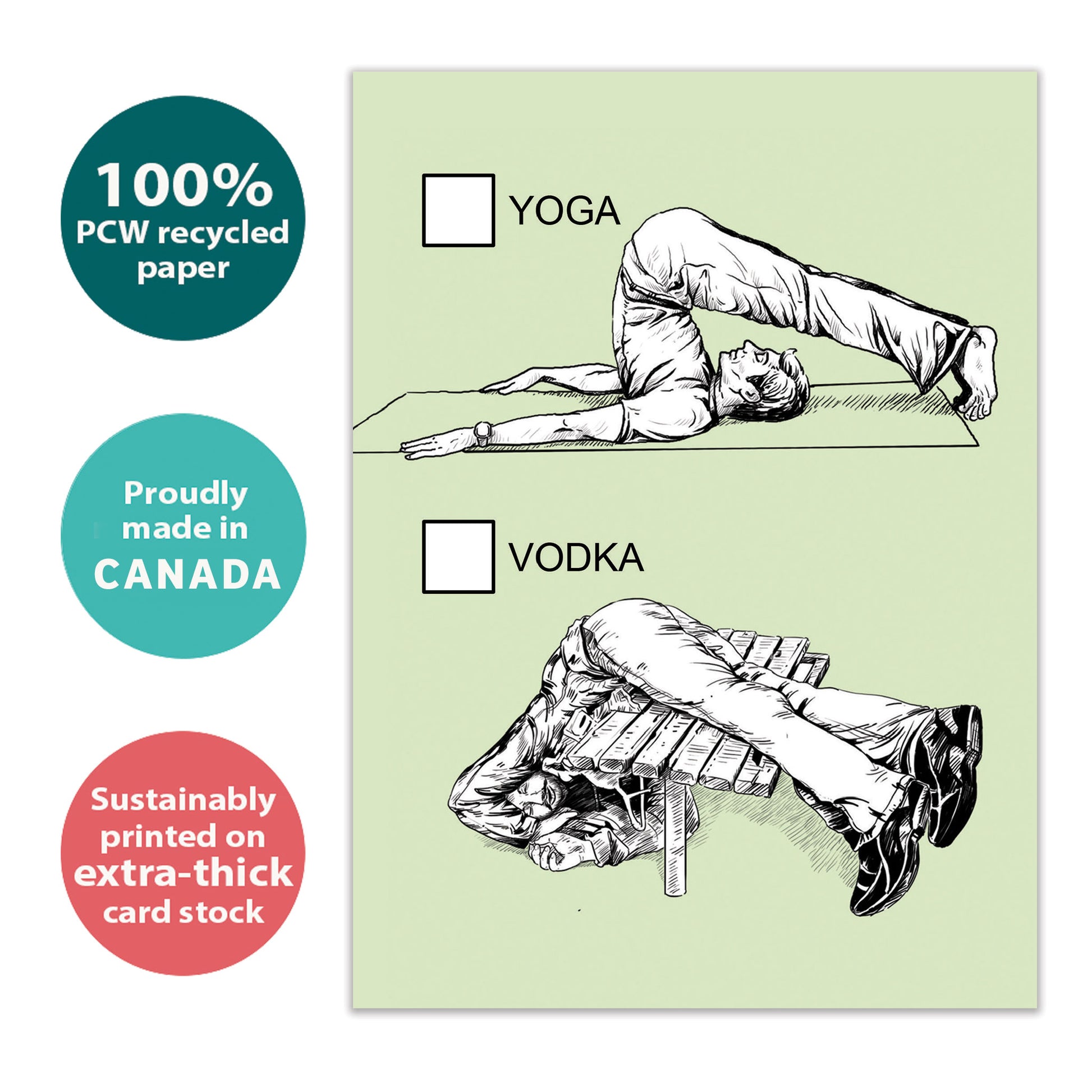 Front view of a Birthday greeting card with a sketch of doing yoga with vodka, highlighting its eco-friendly materials and made in Canada.