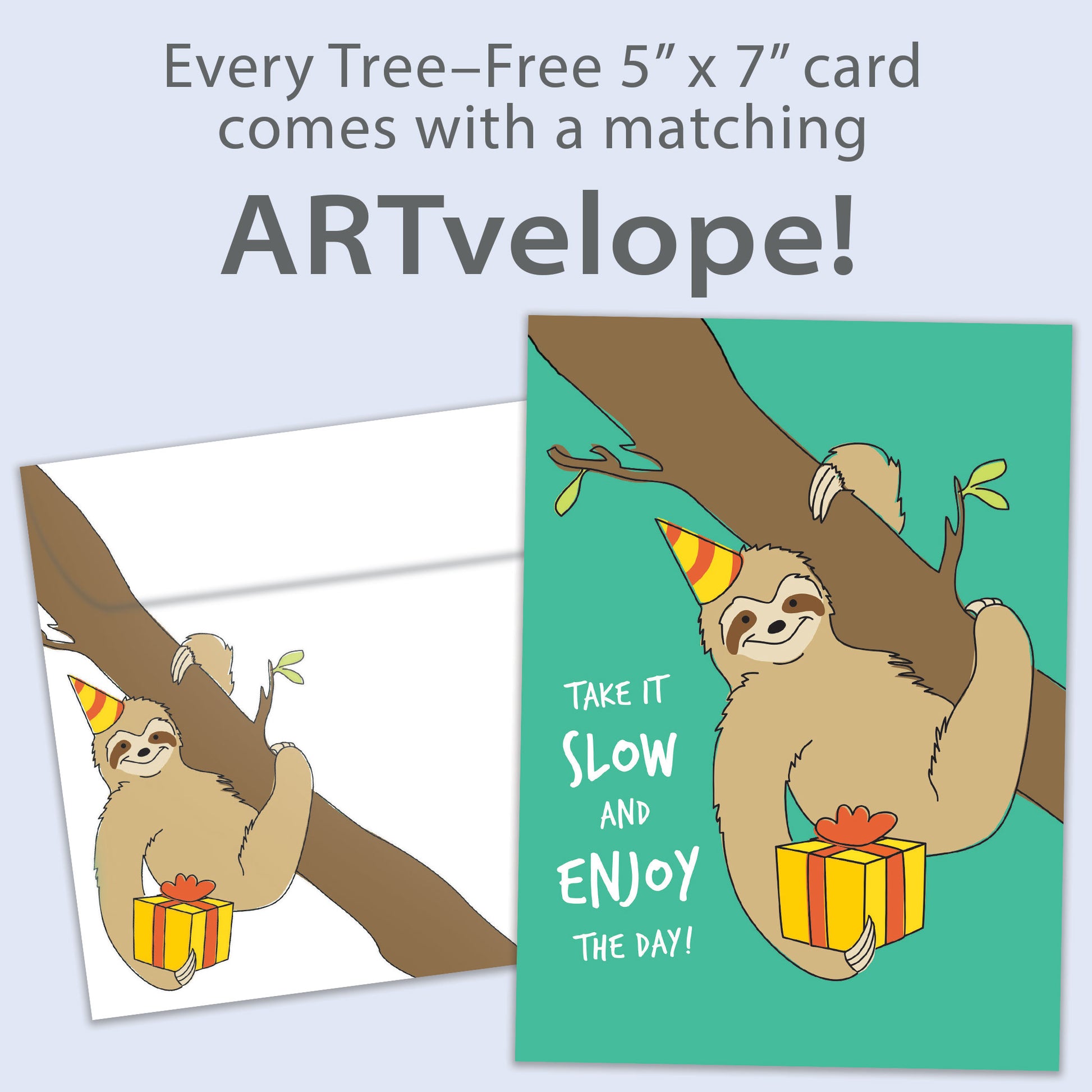 Front view of a birthday card featuring a sloth holding a present and the message "Take it slow", with matching envelope artwork.