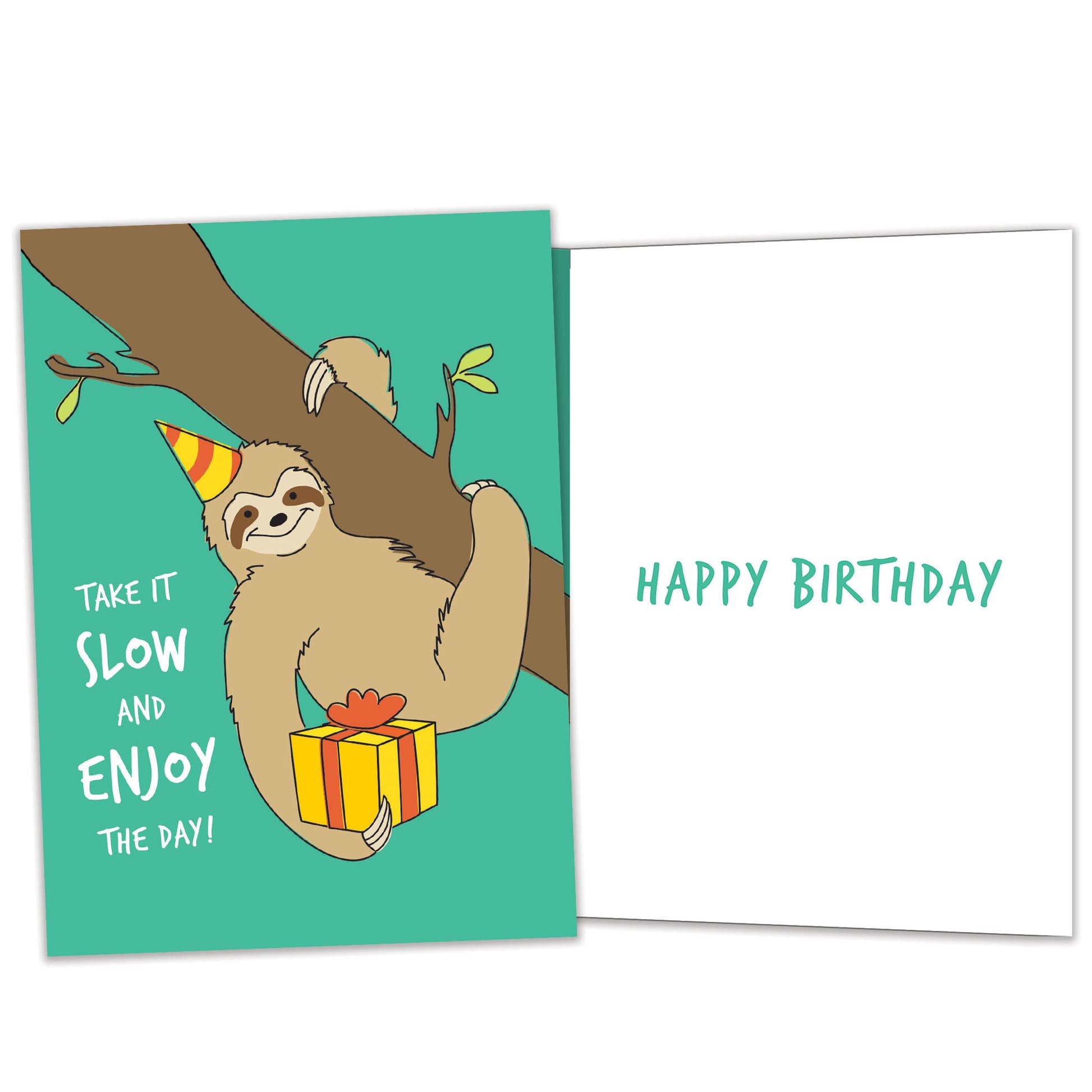 Front and inside view of a birthday card featuring a sloth holding a present and the message "Take it slow", with matching design details inside.