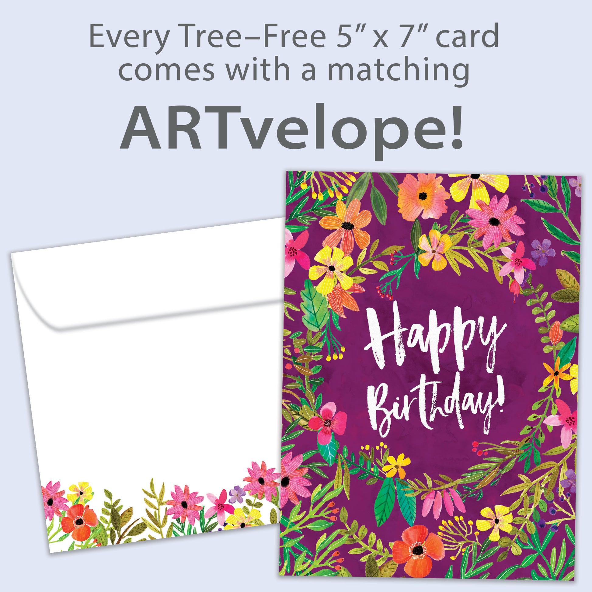 Front view of a birthday card featuring "Happy Birthday" surrounded by flowers on a purple background, with matching envelope artwork.