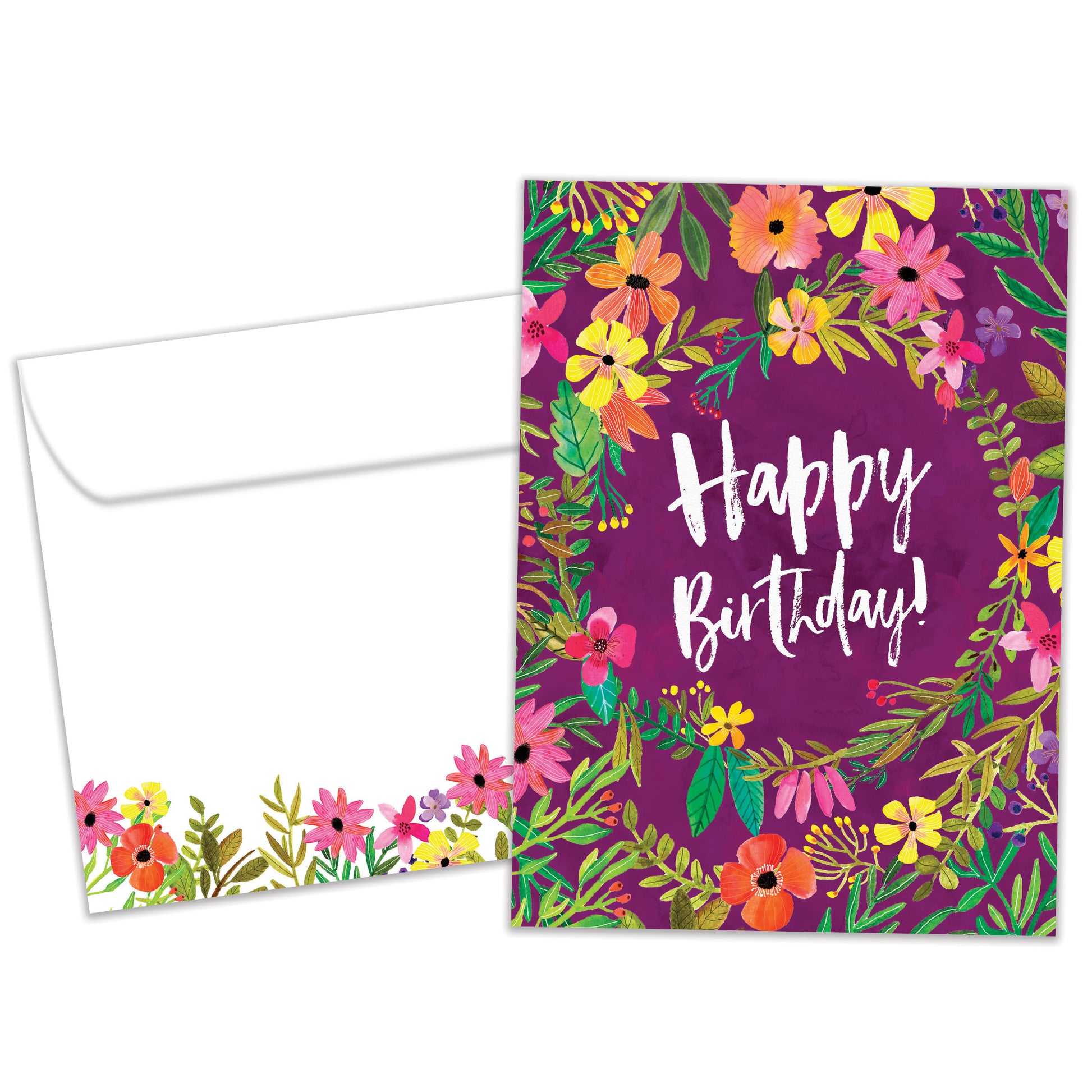 Front view of a birthday greeting card featuring "Happy Birthday" surrounded by flowers on a purple background, with a matching envelope.