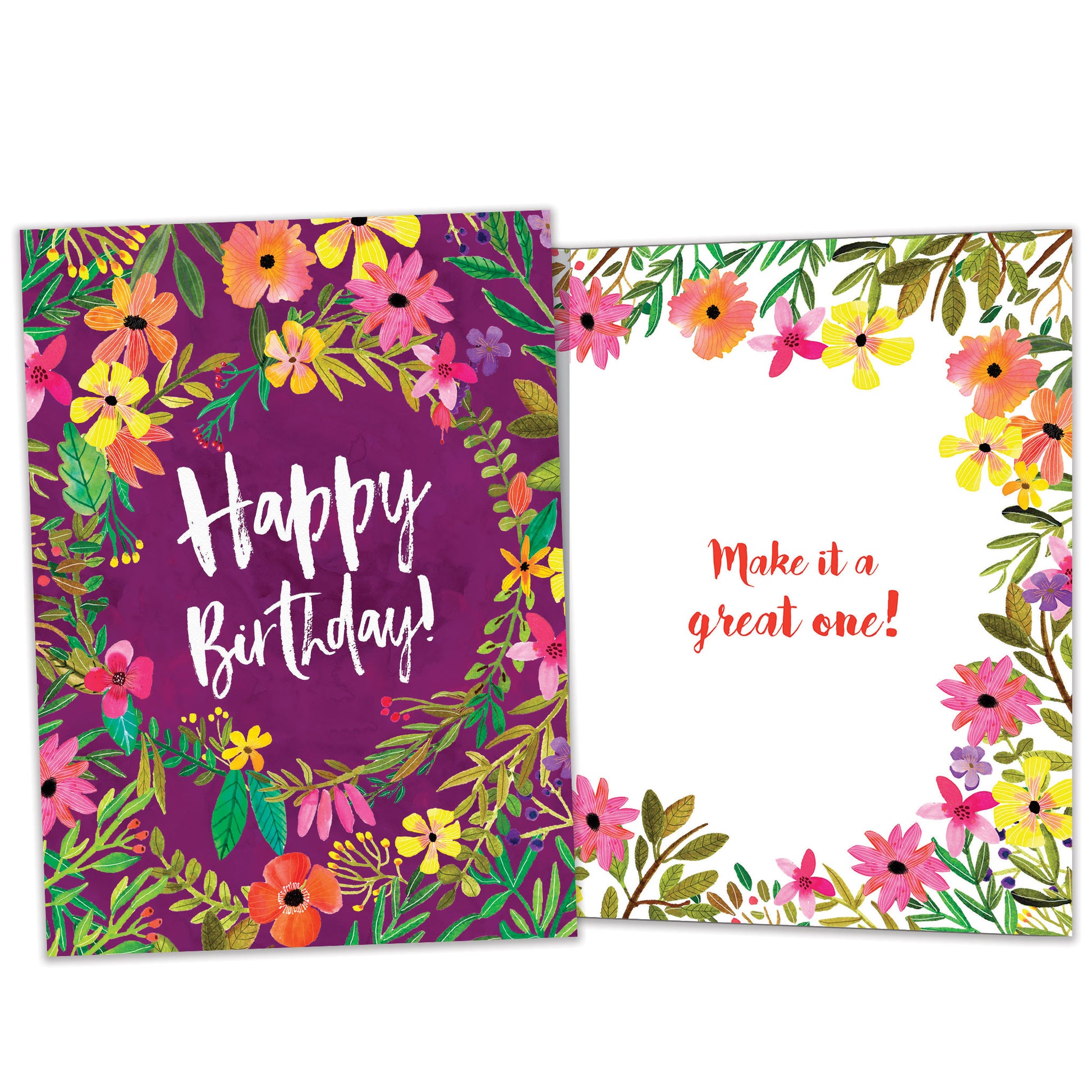 Front and inside view of a birthday card featuring "Happy Birthday" surrounded by flowers on a purple background, with matching design details inside.