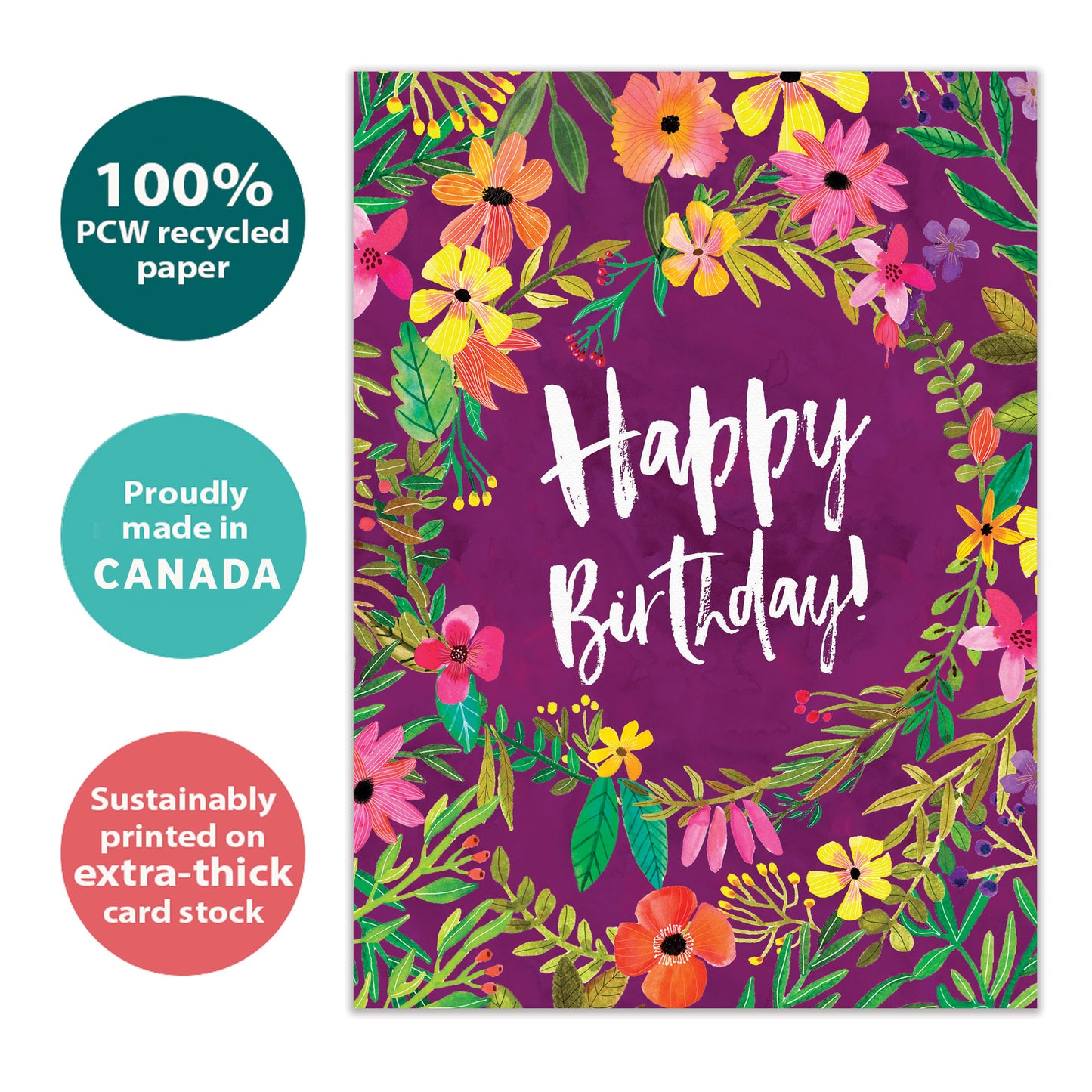 Front view of a birthday card with "Happy Birthday" surrounded by flowers on a purple background, made with eco-friendly materials in Canada.