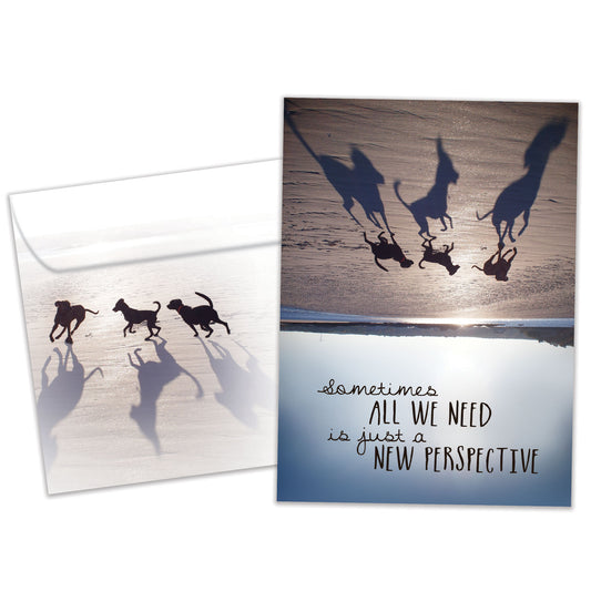 Front view of a birthday greeting card featuring an upside-down image of dogs on a beach with a message about perspective, with a matching envelope.