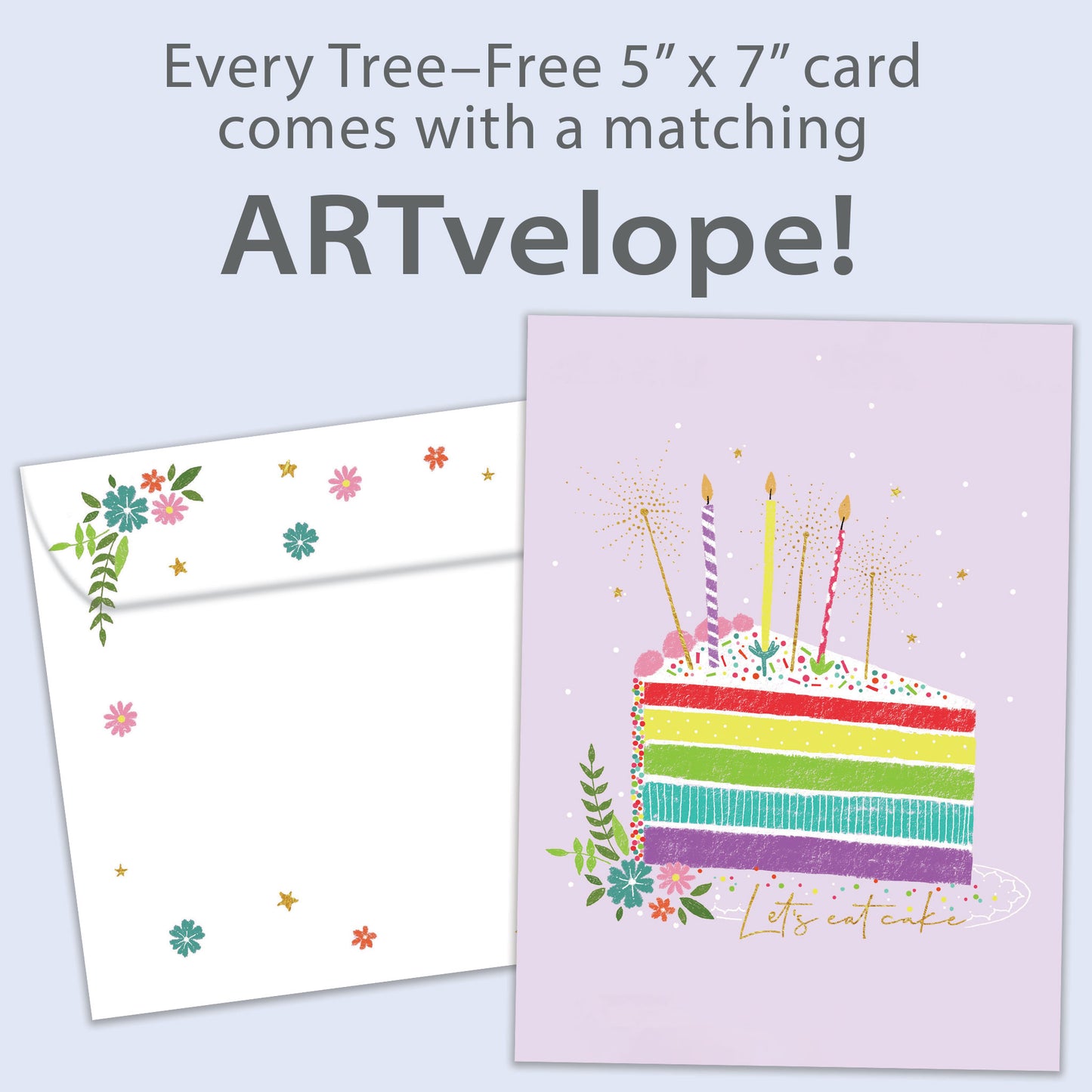 Front view of a Birthday greeting card featuring a colourful cake slice with the words "let's eat cake", with matching envelope artwork.