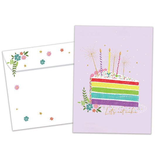 Front view of a Birthday greeting card featuring a colourful cake slice with the words "let's eat cake", with a matching envelope.