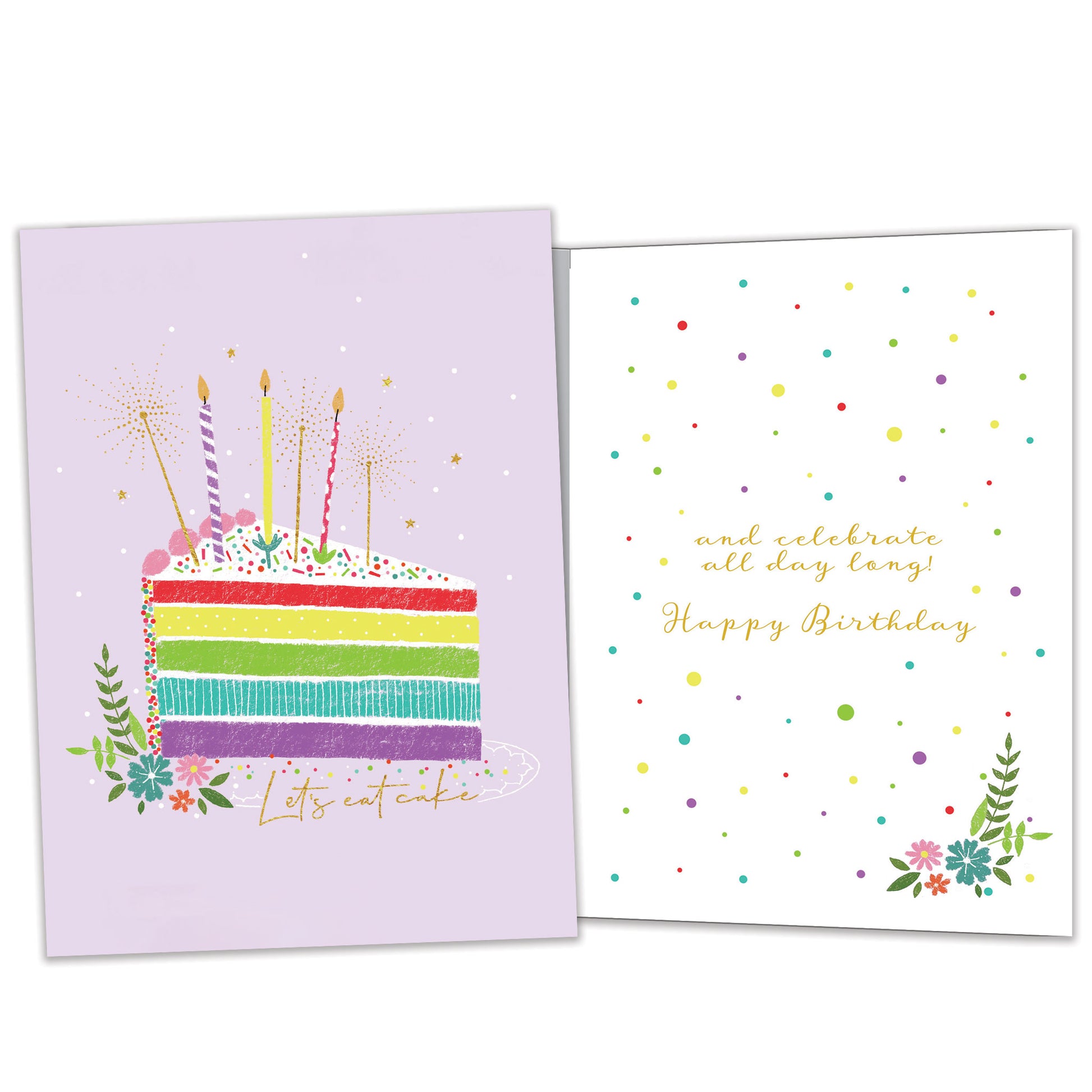 Front and inside view of a Birthday greeting card featuring a colourful cake slice with the words "let's eat cake", with matching design details inside.