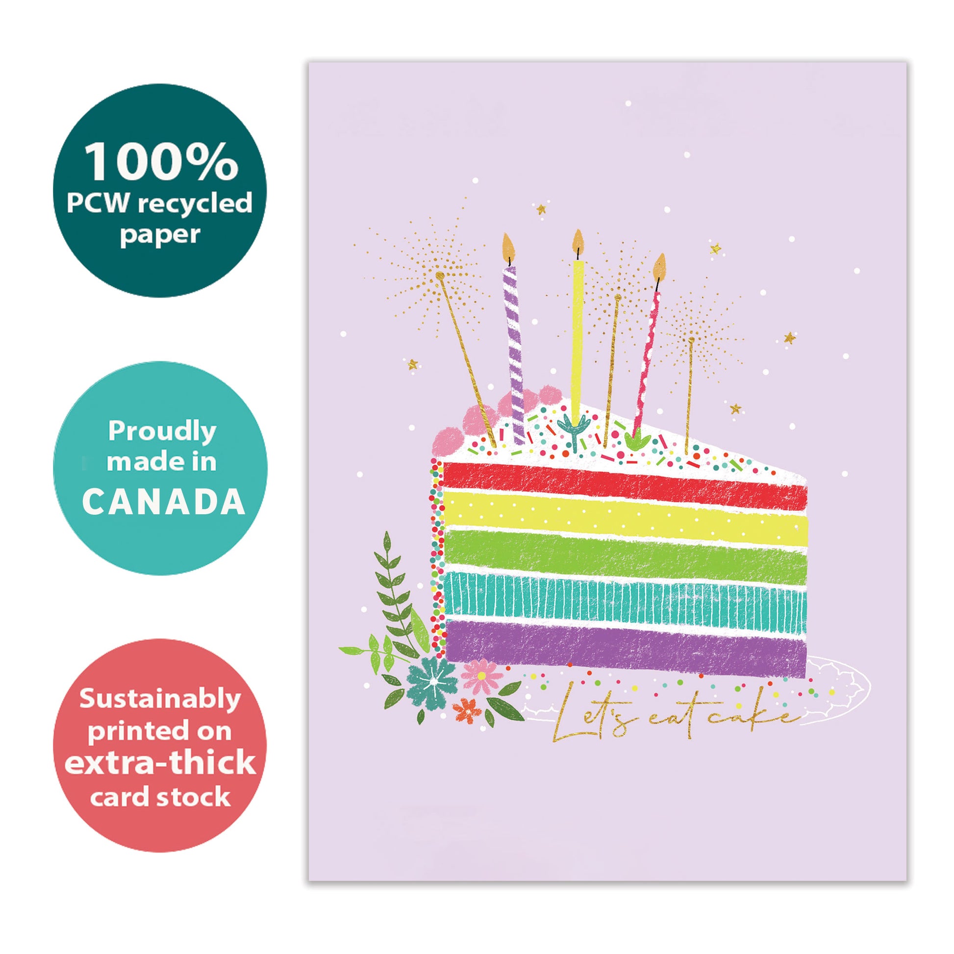 Front view of a Birthday greeting card with a colourful cake slice and the words "let's eat cake", highlighting its eco-friendly materials and made in Canada.