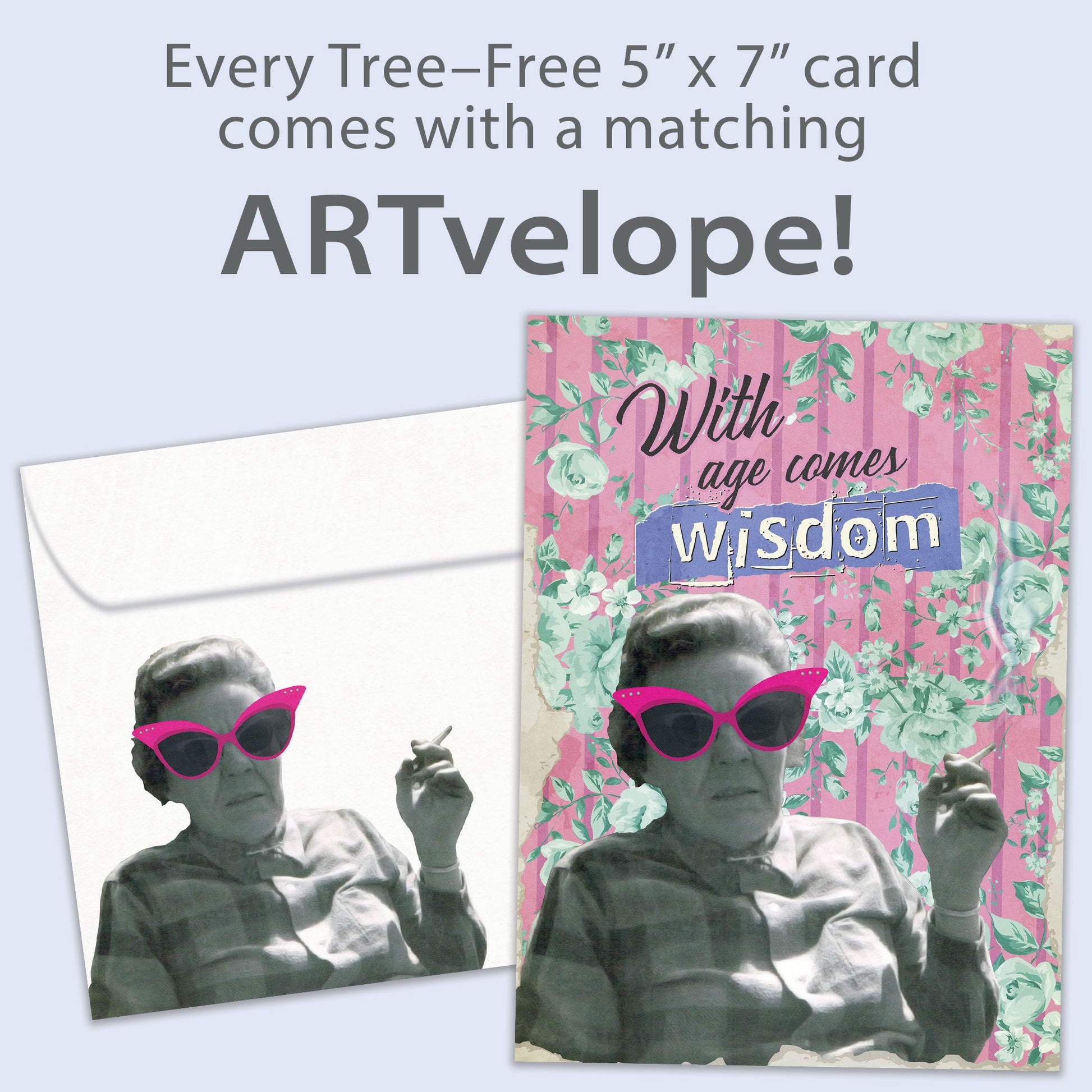 Front view of a Birthday greeting card featuring an old lady smoking with a message about wisdom and age, with matching envelope artwork.