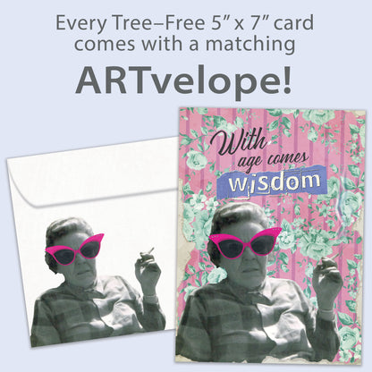 Front view of a Birthday greeting card featuring an old lady smoking with a message about wisdom and age, with matching envelope artwork.