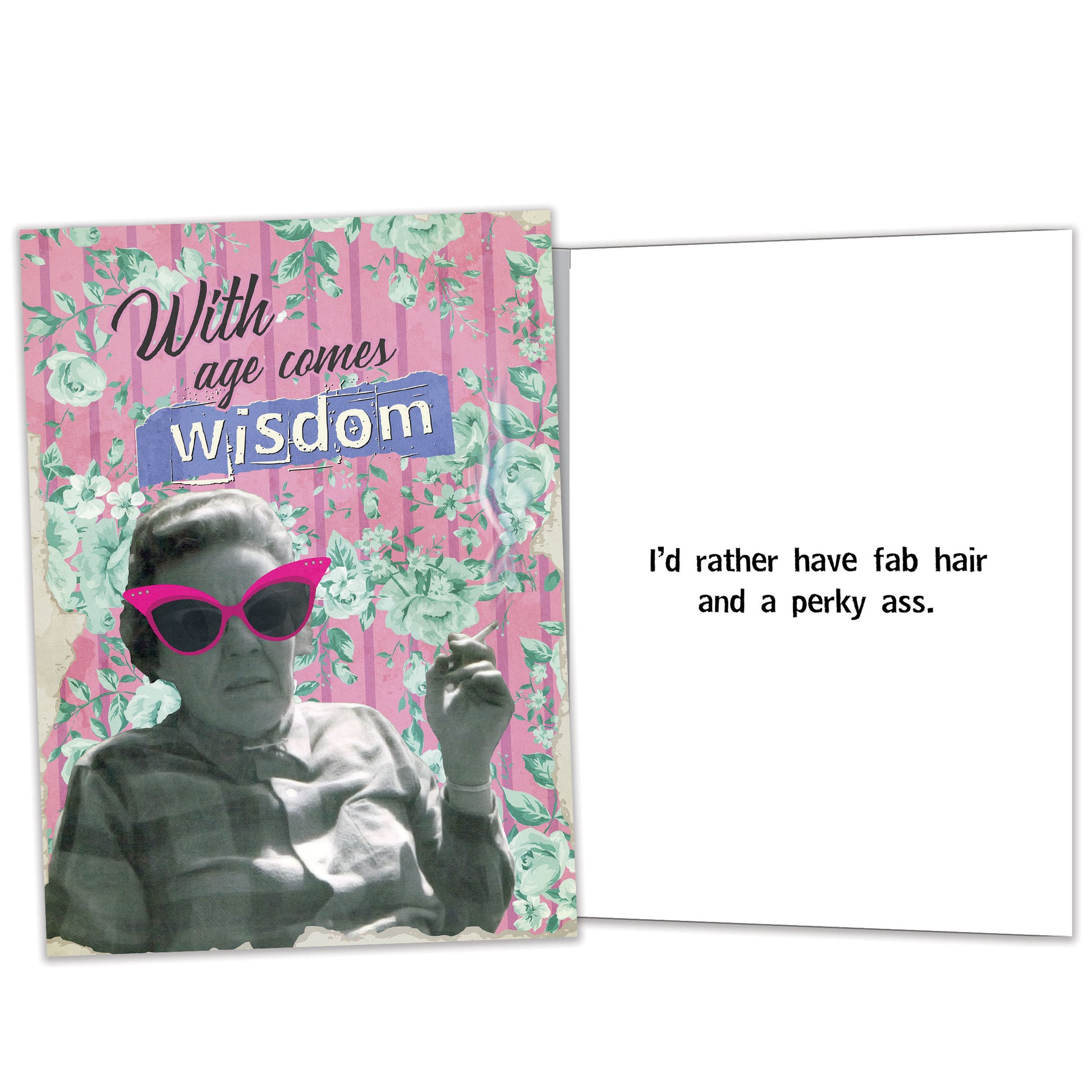 Front and inside view of a Birthday greeting card featuring an old lady smoking with a message about wisdom and age, with matching design details inside.
