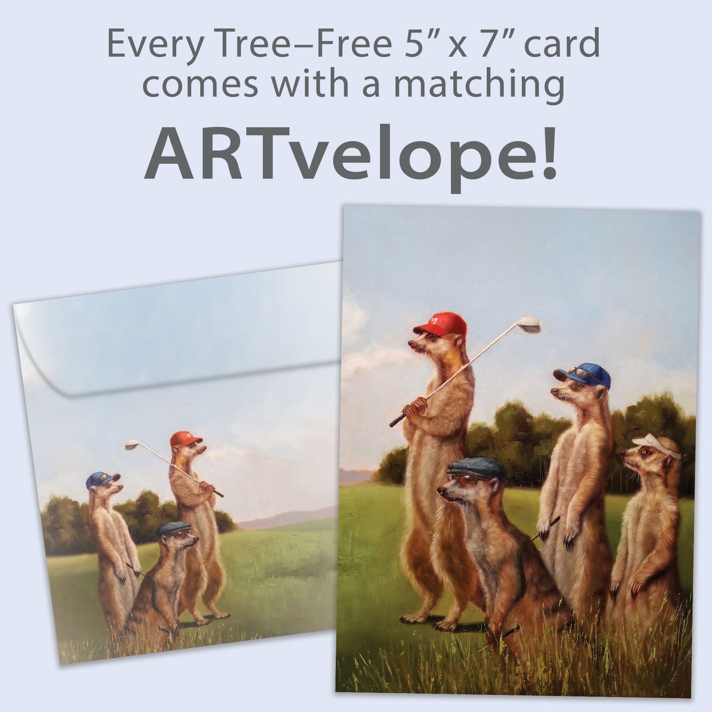Front view of a Birthday greeting card featuring prairie dogs golfing, with matching envelope artwork.