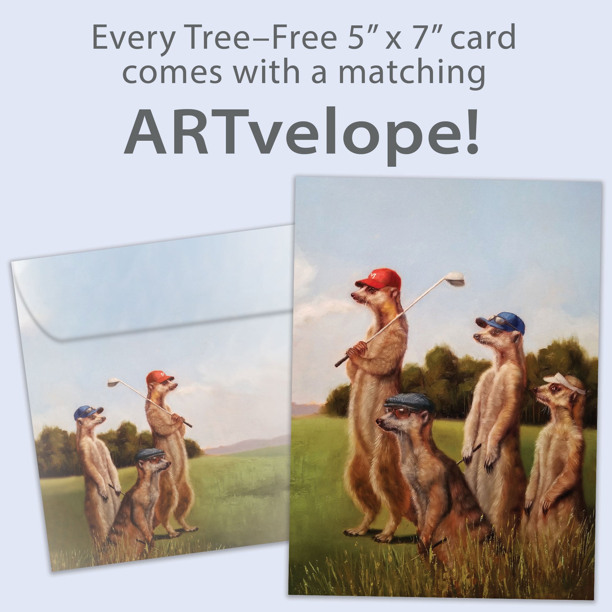 Front view of a Birthday greeting card featuring prairie dogs golfing, with matching envelope artwork.