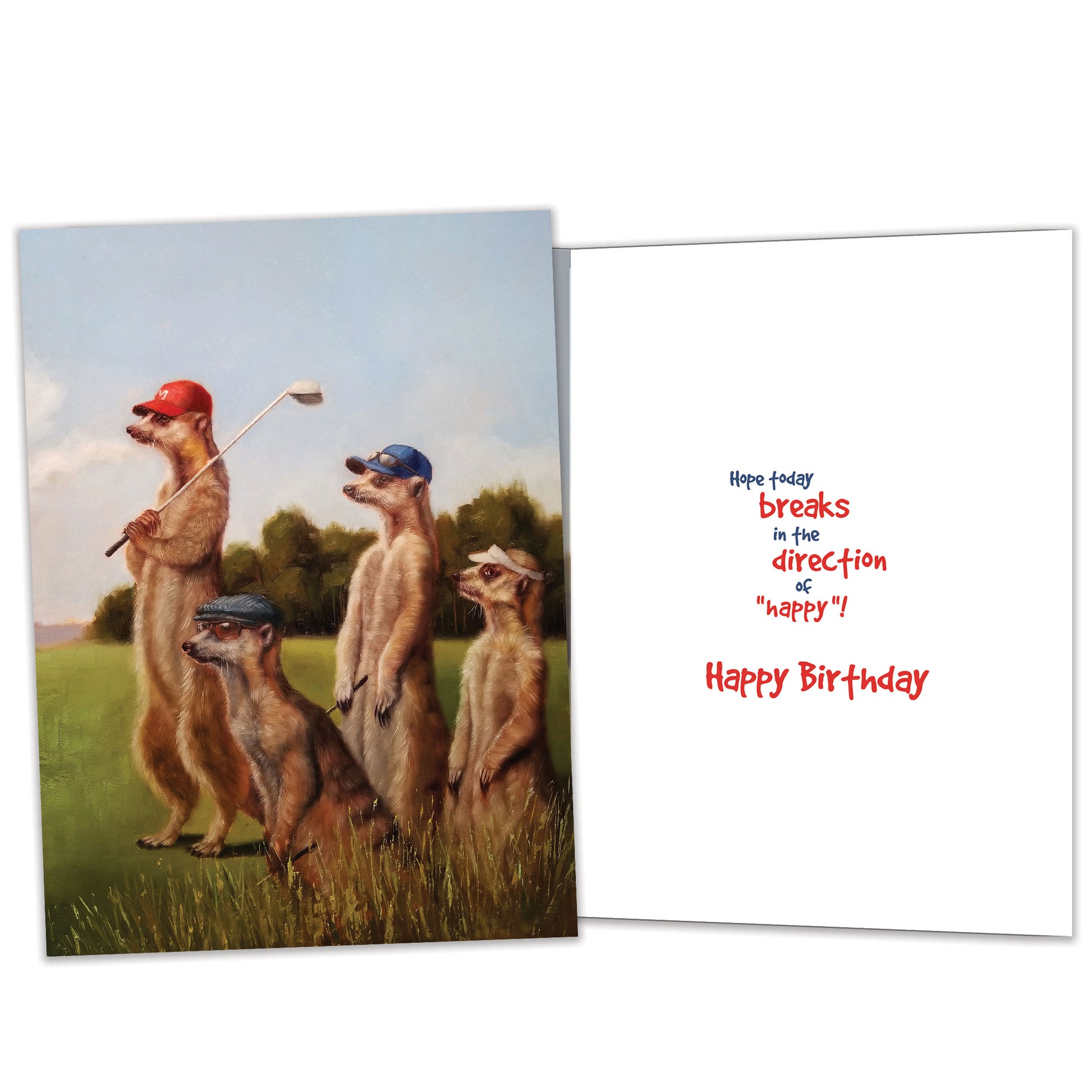 Front and inside view of a Birthday greeting card featuring prairie dogs golfing, with matching design details inside.