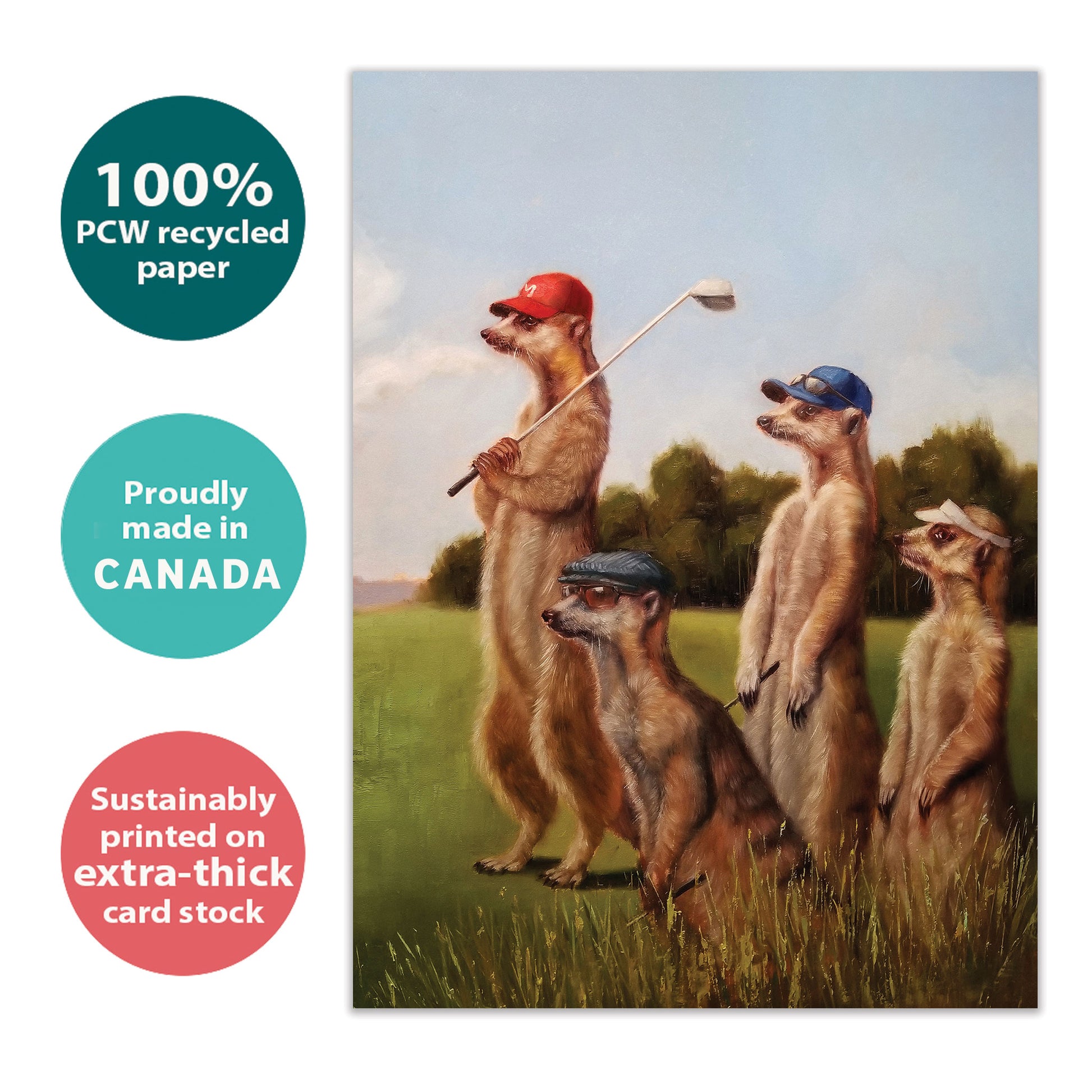 Front view of a Birthday greeting card with prairie dogs golfing, highlighting its eco-friendly materials and made in Canada.