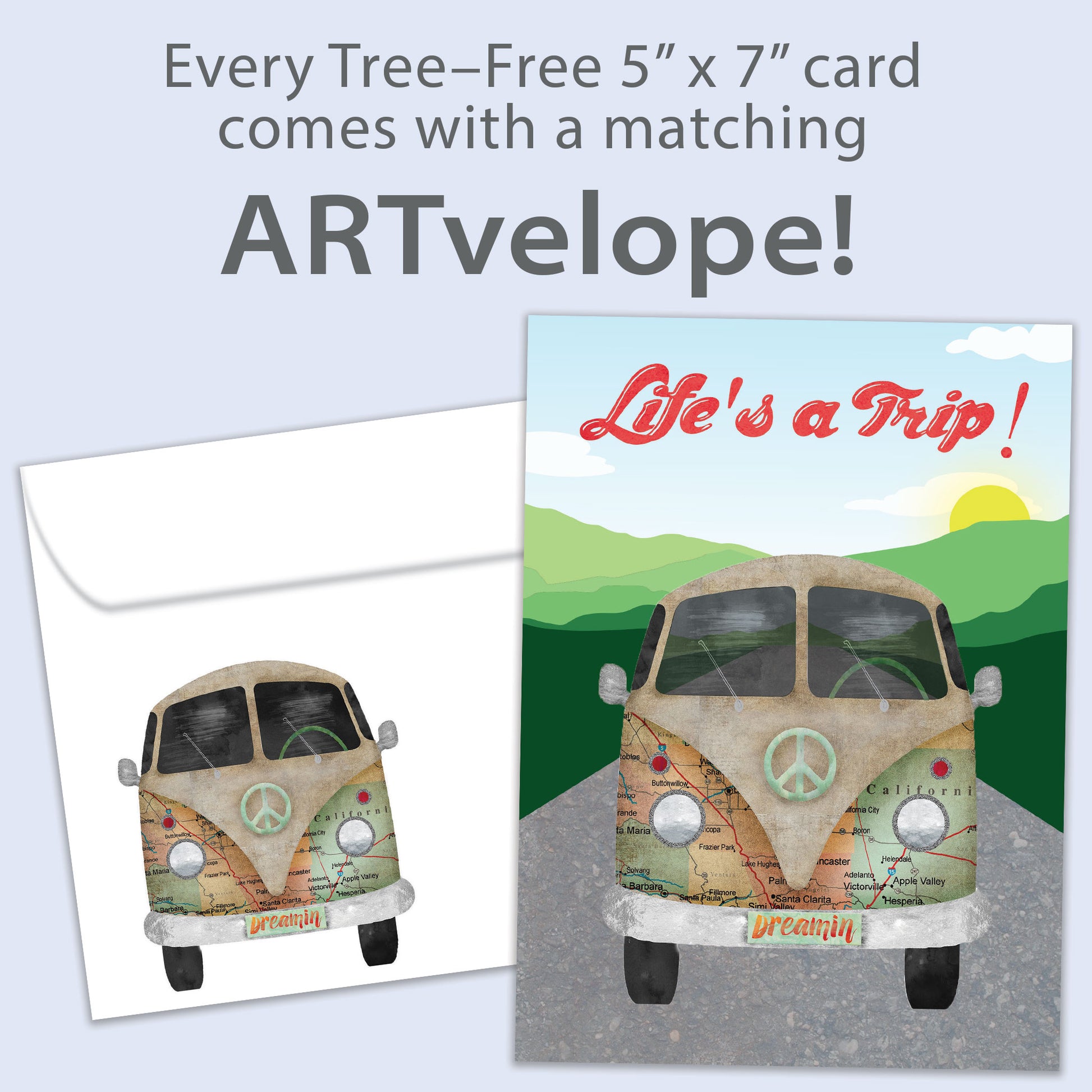 Front view of a Birthday greeting card featuring a peace van with the message "Life's a Trip!", with matching envelope artwork.
