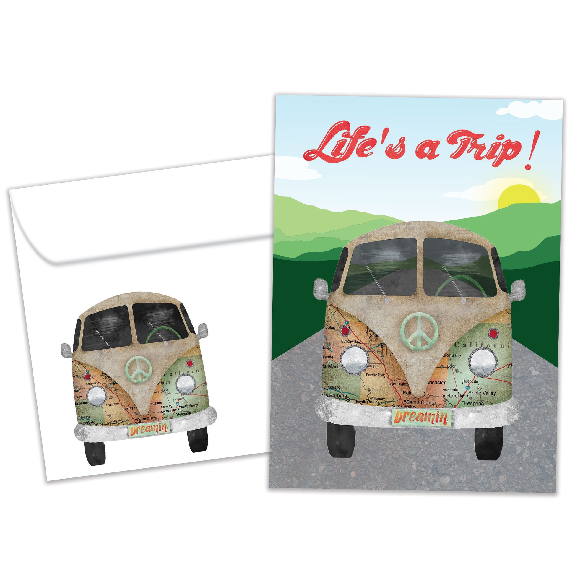 Front view of a Birthday greeting card featuring a peace van with the message "Life's a Trip!", with a matching envelope.