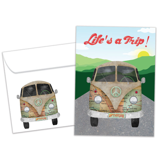 Front view of a Birthday greeting card featuring a peace van with the message "Life's a Trip!", with a matching envelope.