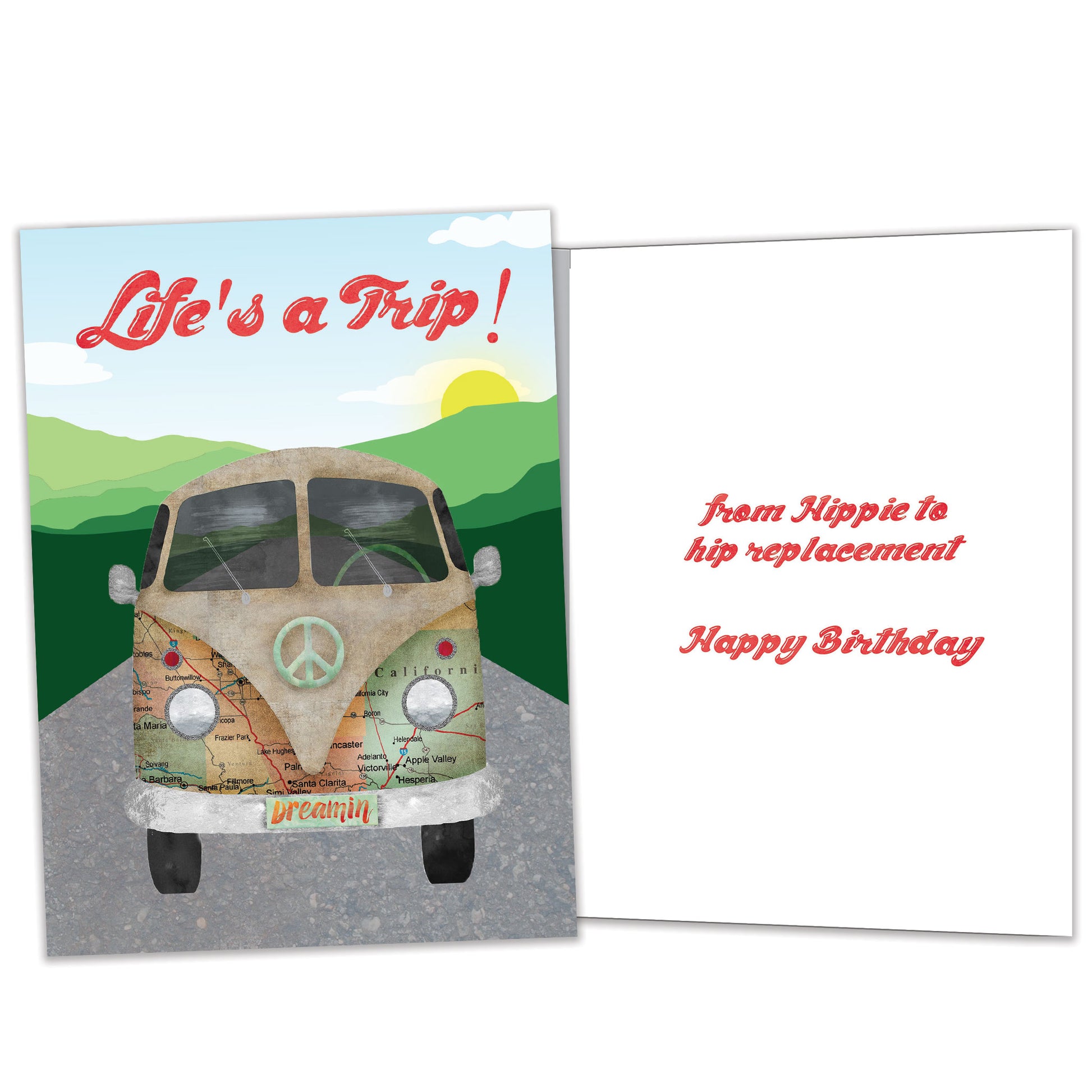 Front and inside view of a Birthday greeting card featuring a peace van with the message "Life's a Trip!", with matching design details inside.