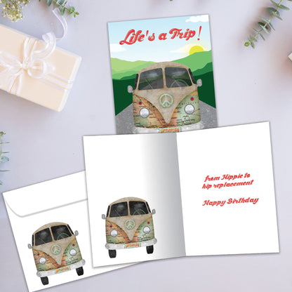 Front and inside view of a Birthday greeting card showcasing a peace van with the message "Life's a Trip!", with a matching envelope.