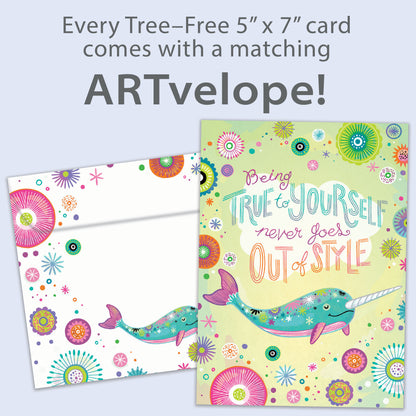 Front view of a Birthday greeting card featuring a pastel-colored narwhal with a message about being true to yourself, with matching envelope artwork.