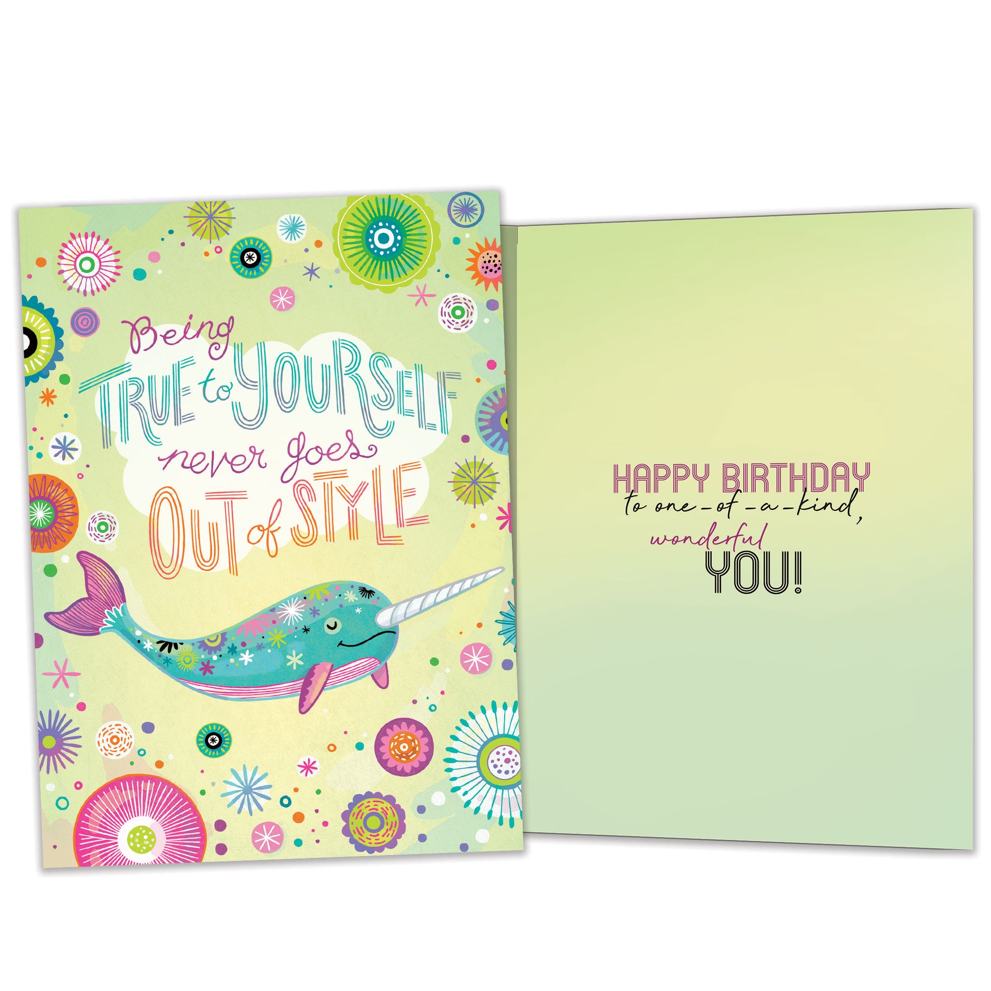 Front and inside view of a Birthday greeting card featuring a pastel-colored narwhal with a message about being true to yourself, with matching design details inside.