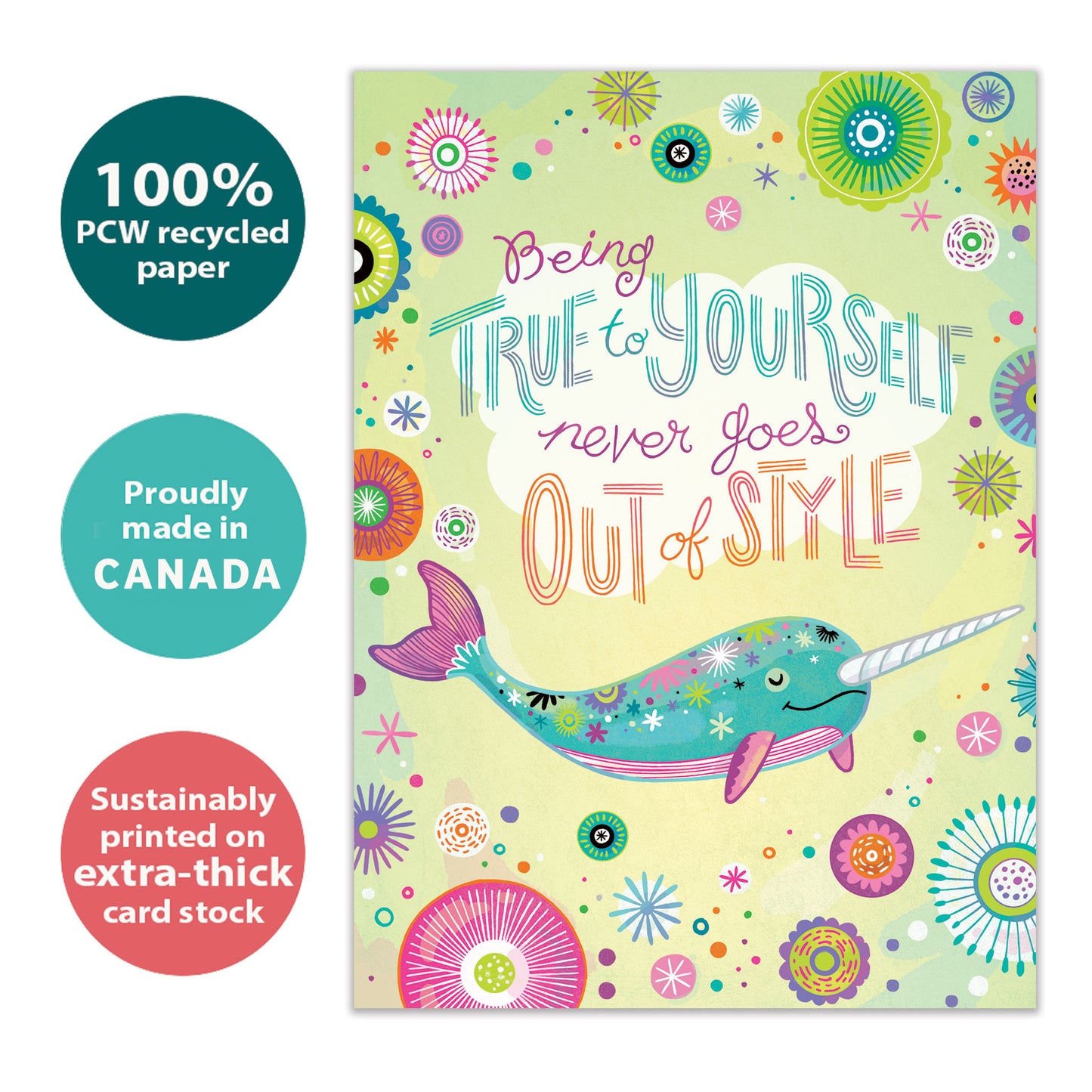 Front view of a Birthday greeting card with a pastel-colored narwhal and a message about being true to yourself, highlighting its eco-friendly materials and made in Canada.